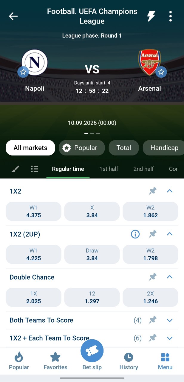 1xBet : Marchés d’un match : 1X2, double chance, BTTS