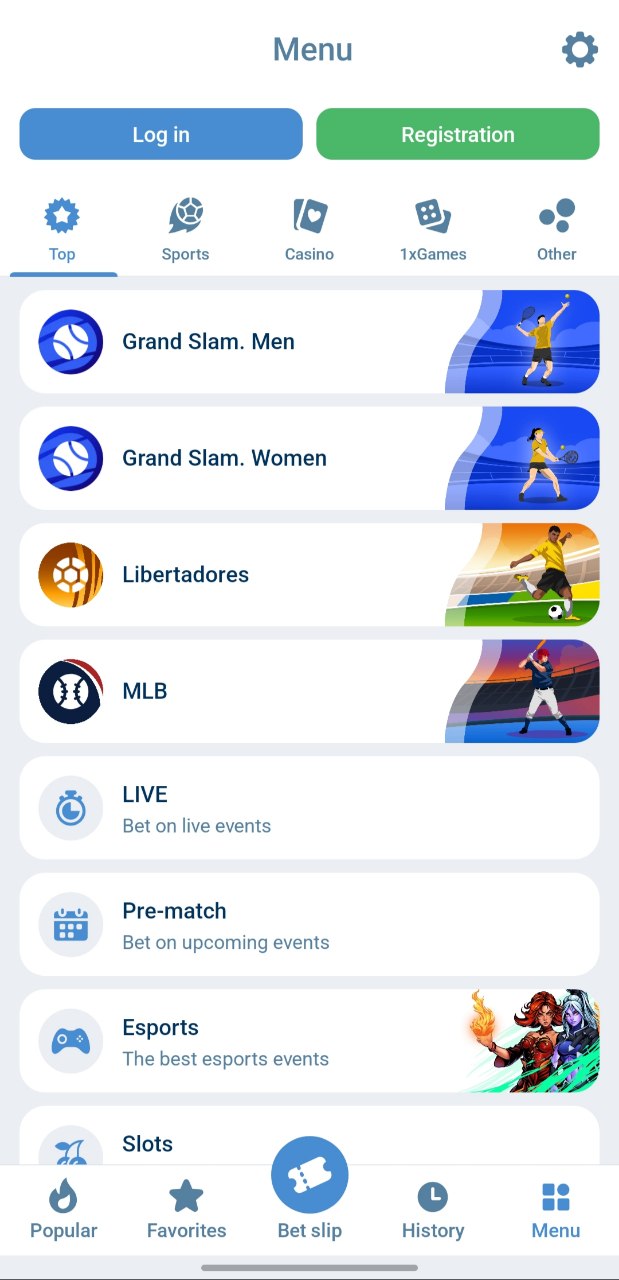 1xBet : Menu : Live, Sports, Esports, Slots et Live Casino