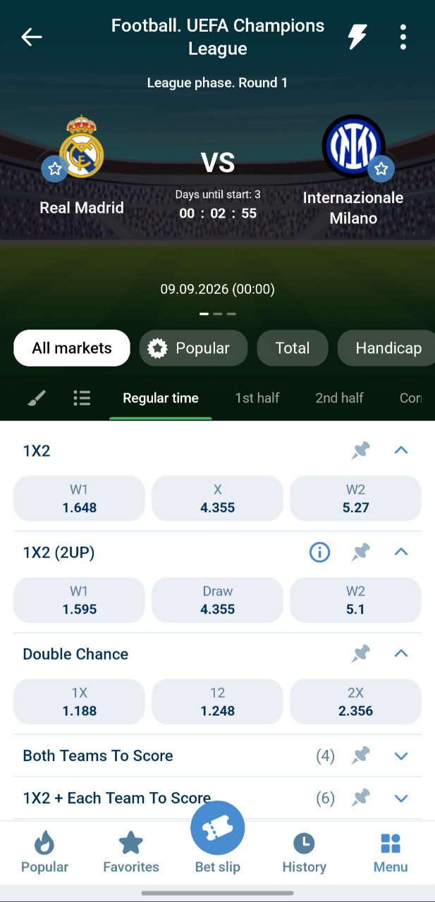 1xBet : Événements avant-match avec cotes 1X2