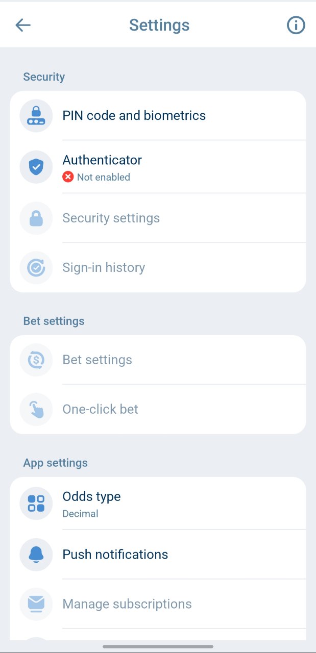 1xBet : Réglages : sécurité, code PIN et notifications